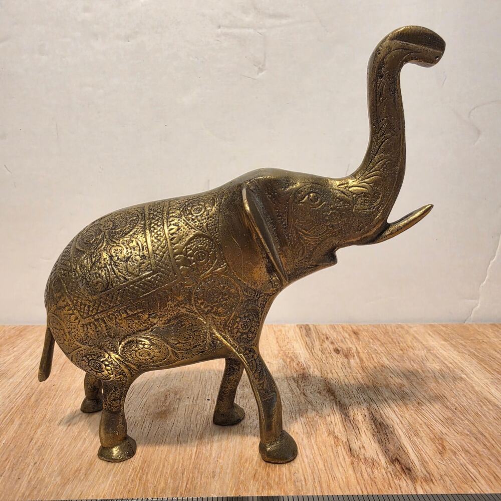 Vintage Solid Brass Elephant figurine intricate etched raised trunk "Good Luck"